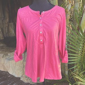 Soft Surroundings pink 3/4 sleeve blouse. Buttons halfway down the front. Size M